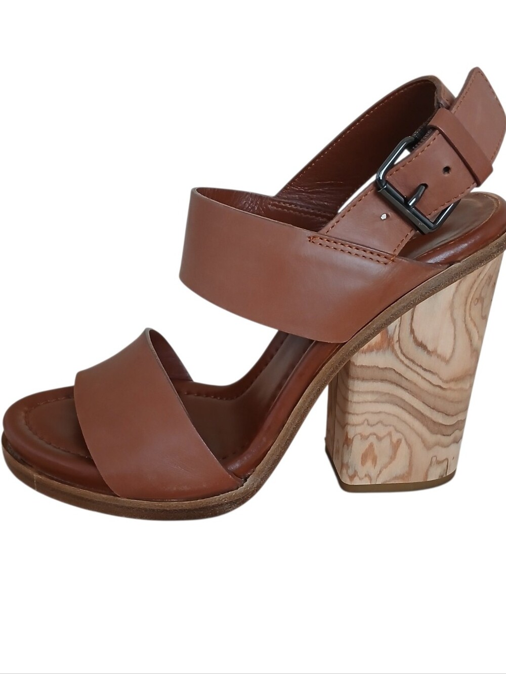 VINCE Haley Leather Block Wood Heel Sandals Women's 7 Whiskey Brown Italy Buckle